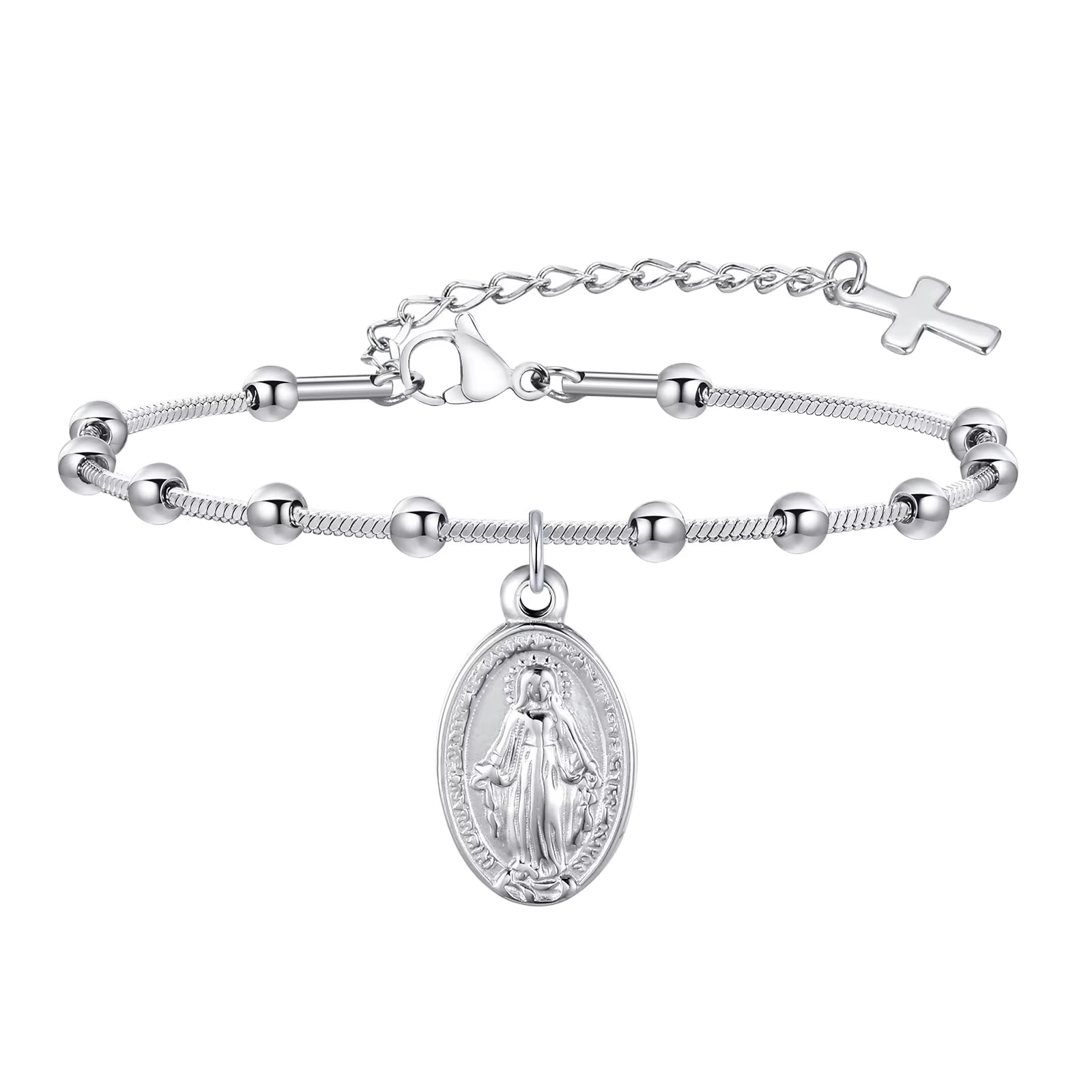 Rosary Bracelet for Women Girls, Gold Plated Stainless Steel Religious Cross and Virgin Mary Prayer Bracelets Gifts